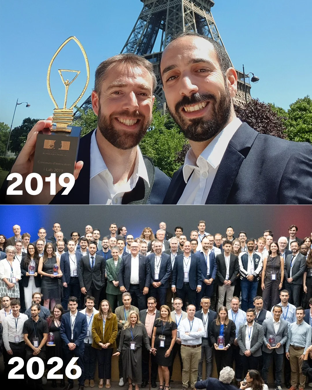 2019: the i-Lab award at the Eiffel Tower. 2026: the i-Lab and i-PhD laureates on stage