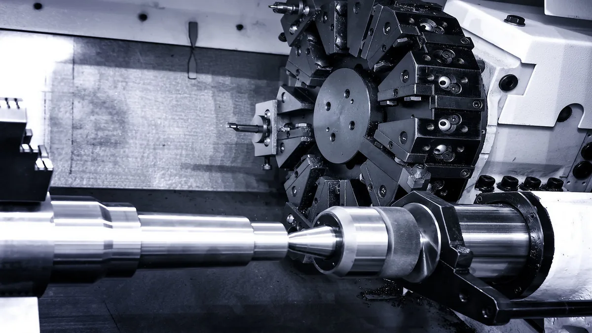 The tool turret of a CNC lathe.