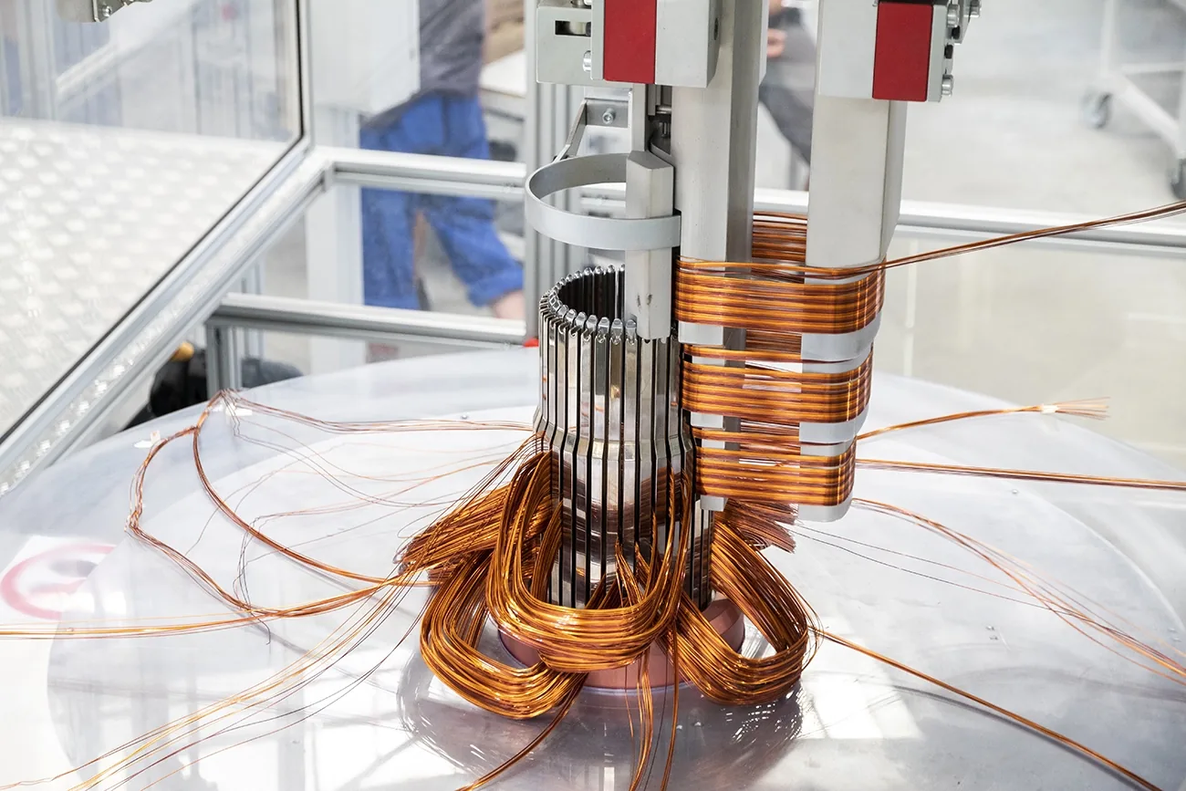 The copper windings of an electric machine.