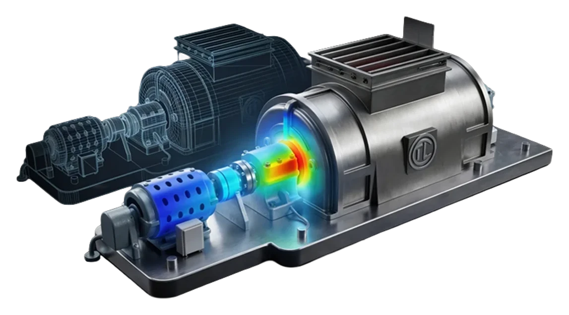 An industrial machine, its strain field shown in colour.